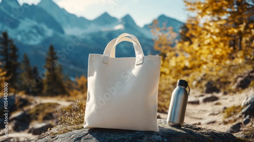 A white, blank tote bag rests on a rock with a silver water bottle to its right. The background is a picturesque mountain range. photo