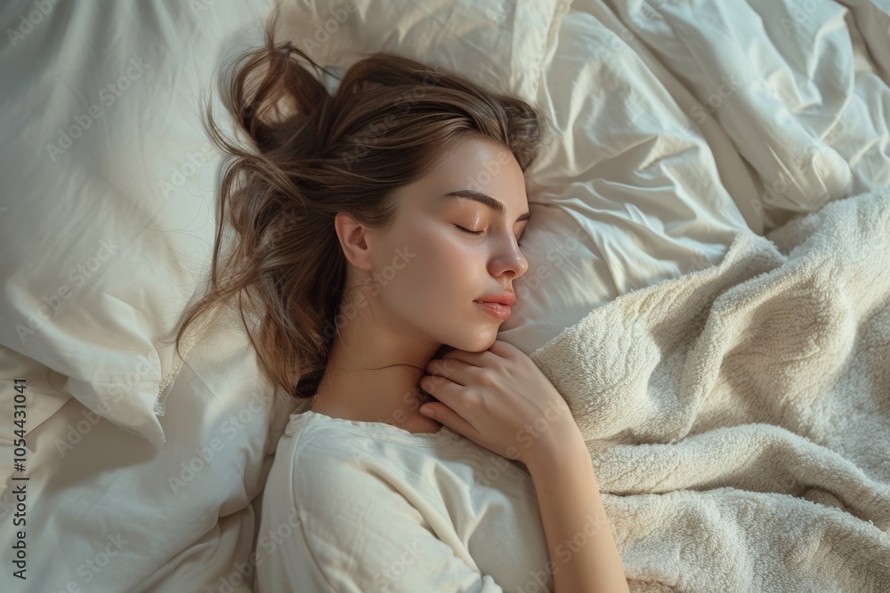 A serene young lady peacefully rests her head on a fluffy pillow while wearing soft pajamas in a cozy bedroom during early morning A serene young lady peacefully rests her head on a fluffy pillow while wearing soft pajamas in a cozy bedroom during early morning