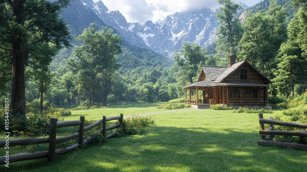 A cozy wooden cabin nestled in a green valley, surrounded by lush forests and majestic snow-capped mountains. A cozy wooden cabin nestled in a green valley, surrounded by lush forests and majestic snow-capped mountains.