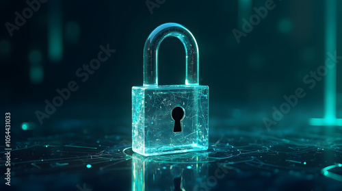 Cyber security and information protection concept. Glowing padlock on dark digital background. photo