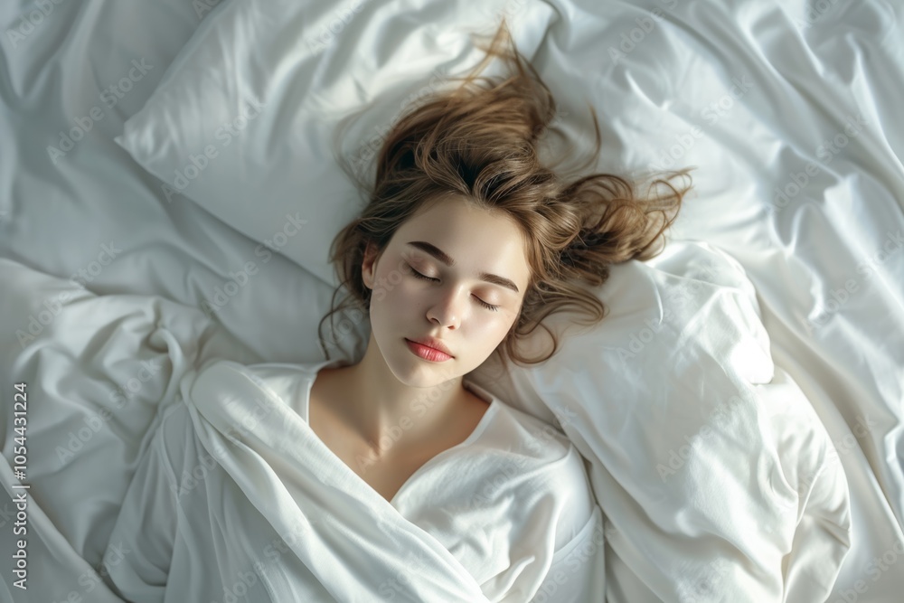 A serene young lady peacefully resting in soft white pajamas on a cozy bed surrounded by fluffy pillows in natural morning light A serene young lady peacefully resting in soft white pajamas on a cozy bed surrounded by fluffy pillows in natural morning light