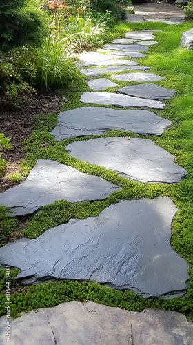 Irish moss filling gaps between pavers along garden paths photo