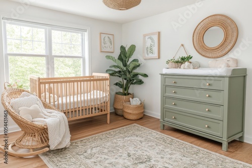 Nursery with sage green dresser warm wood crib and natural decor creating a soothing earthy space that combines rustic charm with family friendly comfort