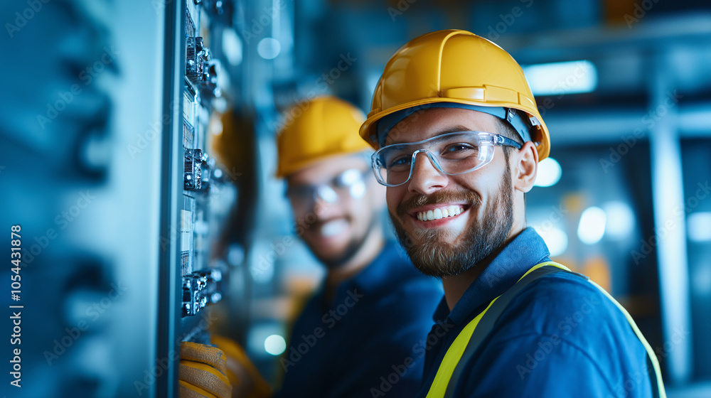 © lisbeth - Smiling Industrial Worker in Hard Hat and Safety Glasses, Students, Interns, College, Working Specialty
