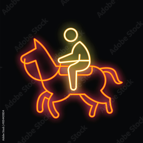 Neon sign depicting a man riding a horse, glowing brightly against a dark background