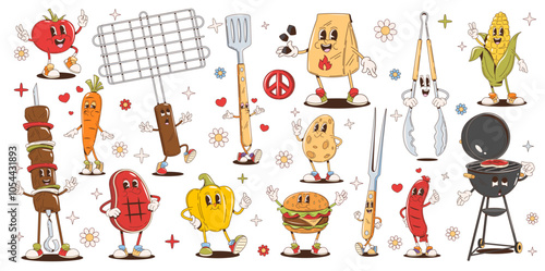 Bbq barbeque cartoon groovy characters. Retro hippie grilled meat food, vegetables and barbecue tools vector personages. Funky psychedelic bbq sausage, beef steak and burger, groovy grill characters