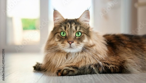 portrait of a siberian cat with green eyes lying on the floor at home fluffy purebred straight eared long hair kitty copy space close up background adorable domestic pet concept photo