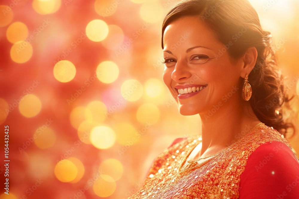 Smiling woman with soft warm bokeh lights radiating joy warmth and festive cheer capturing a moment of happiness and celebration Smiling woman with soft warm bokeh lights radiating joy warmth and festive cheer capturing a moment of happiness and celebration