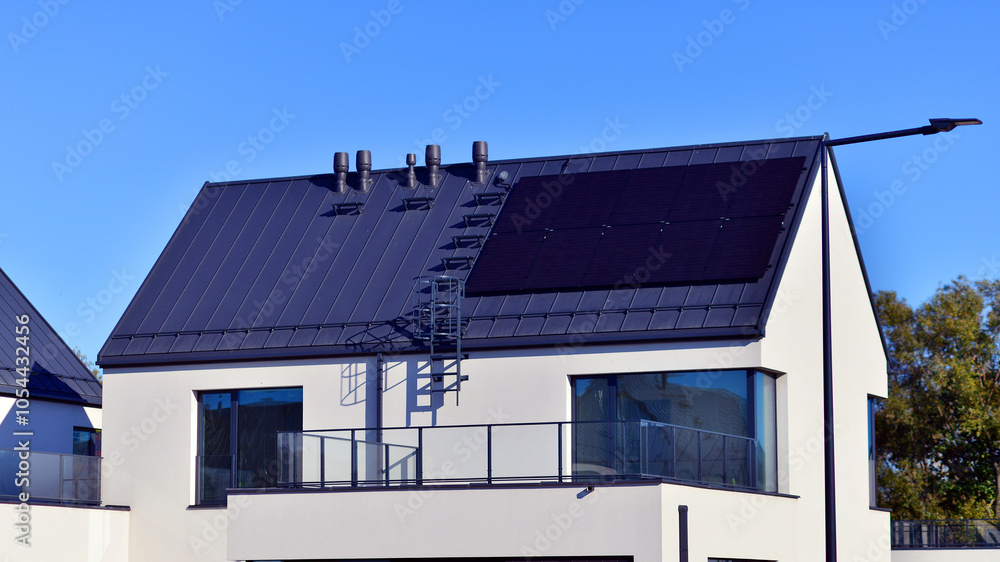 New elegant modern single family house. Terraced family homes in newly developed housing estate. Facade of a modern house with white walls. Real estate concept, european style. New elegant modern single family house. Terraced family homes in newly developed housing estate. Facade of a modern house with white walls. Real estate concept, european style.