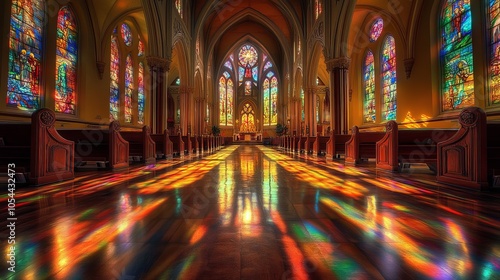 Light from the sun streams through the colored glass windows of the cathedral. It fills the church with a beautiful light from heaven. This light is a sign of God's love and kindness for us.