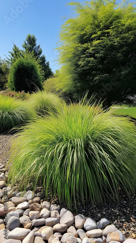 Ornamental grasses define garden paths and divide open spaces in lush outdoor settings