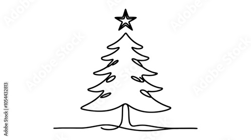 One continuous line illustration of a Christmas tree with a star on top, isolated on white background.