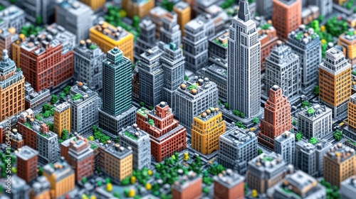 A detailed model of a city with skyscrapers, parks, and streets.