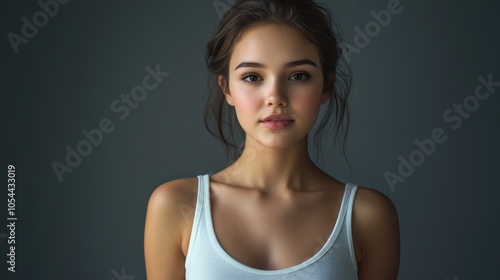 Beautiful woman in white T-shirt Female breast dark background