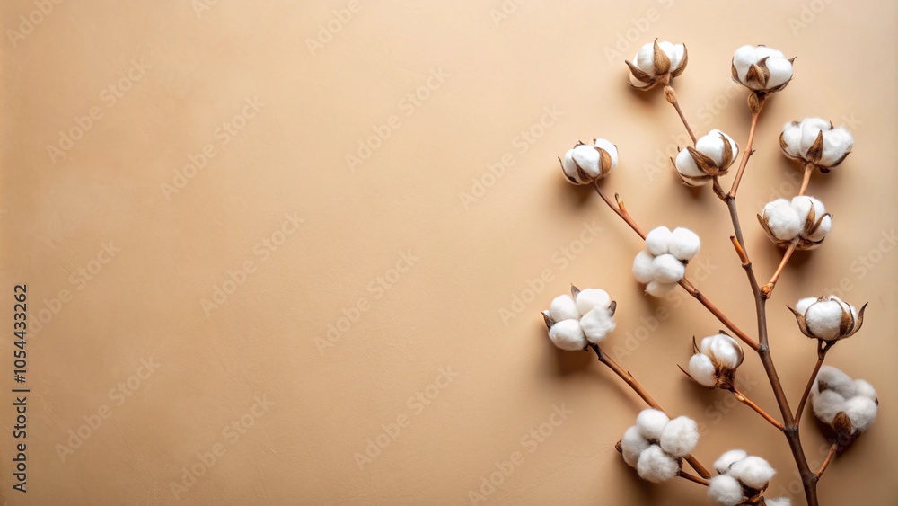 Obraz premium Fluffy cotton flowers arranged on a beige background, featuring a dried cotton flower branch, with ample space for text, creating a soft and natural aesthetic perfect for rustic decor, invitations.