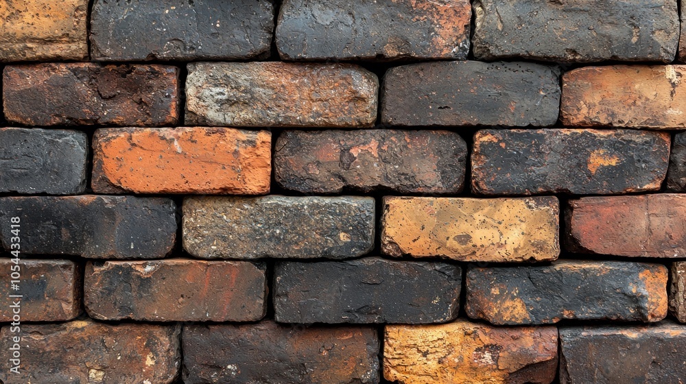 Weathered Brick Wall with Varying Shades of Red, Orange, and Black Weathered Brick Wall with Varying Shades of Red, Orange, and Black