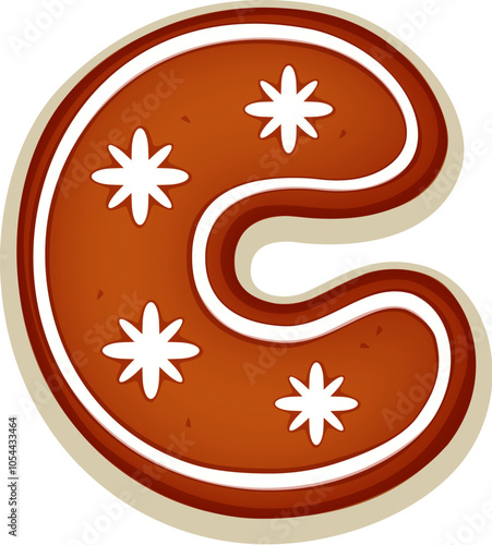 Christmas gingerbread cookie font, letter C or biscuit bakery typeface, vector Xmas type. Christmas font or winter holiday sweets cartoon alphabet, letter C gingerbread cookie biscuit with stars icing