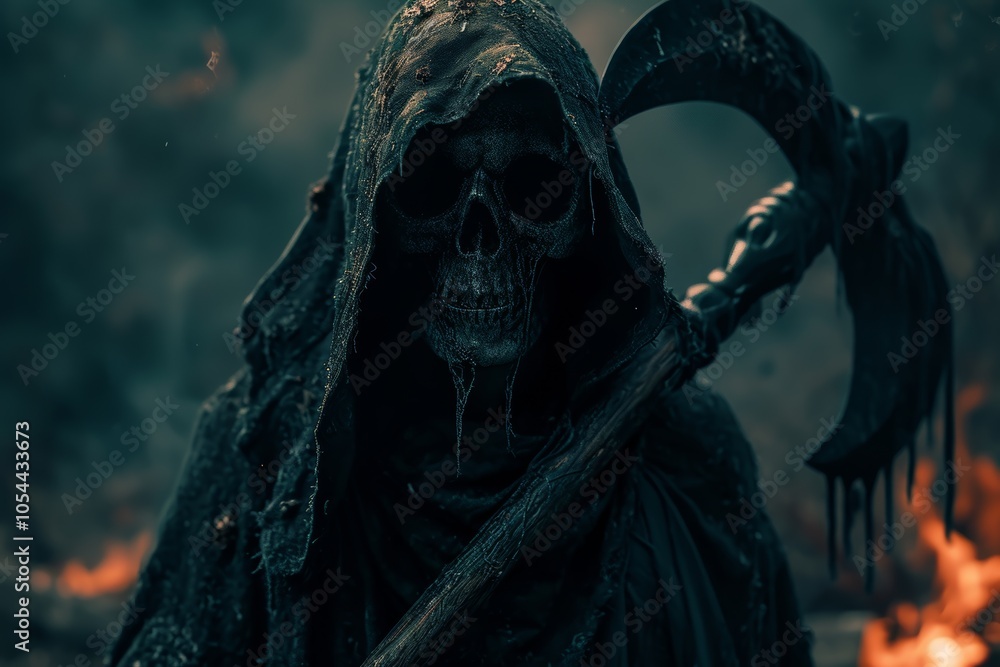 A haunting digital art concept featuring the grim reaper in a fiery landscape with an eerie atmosphere and ominous presence A haunting digital art concept featuring the grim reaper in a fiery landscape with an eerie atmosphere and ominous presence