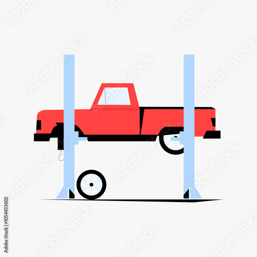 Truck on hydraulic lift platform in flat vector illustration symbolizing vehicle repair, maintenance, and automotive services, isolated on white background.