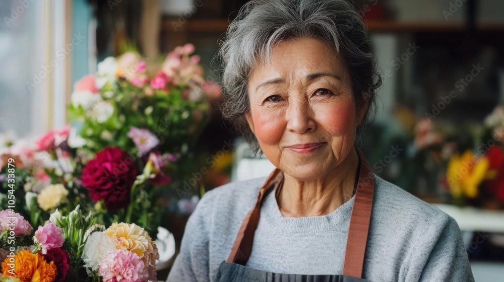 春の花のデザインのために色とりどりの花を飾った花屋で微笑むシニア花屋 春の花のデザインのために色とりどりの花を飾った花屋で微笑むシニア花屋