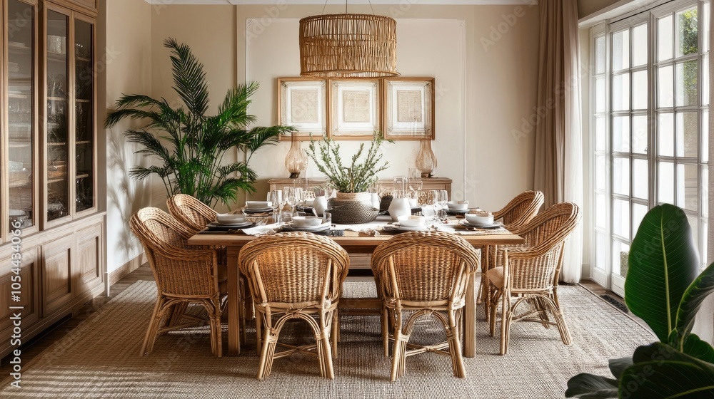 Stylish interior of dining room with family table, rattan chairs, pendant lamp, plant, tableware, carpet, decorations, and elegant accessories. Template Stylish interior of dining room with family table, rattan chairs, pendant lamp, plant, tableware, carpet, decorations, and elegant accessories. Template