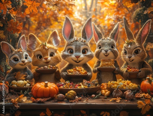 Five Cartoon Bunnies Enjoying Autumn Feast in the Woods photo