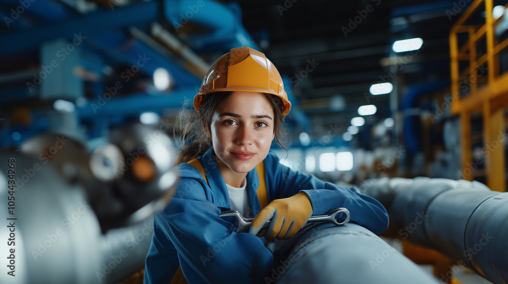 Confident Female Engineer in Industrial Setting with Wrench, Students, Interns, College, Working Specialty Confident Female Engineer in Industrial Setting with Wrench, Students, Interns, College, Working Specialty