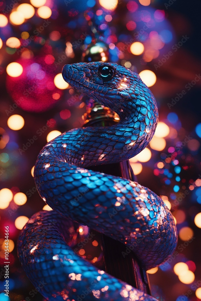 A vibrant snake entwined on a decorative post amidst colorful holiday lights during a festive evening A vibrant snake entwined on a decorative post amidst colorful holiday lights during a festive evening