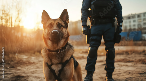 K9 police officer with a trained dog, ready for action, K9 unit, police work with dogs photo