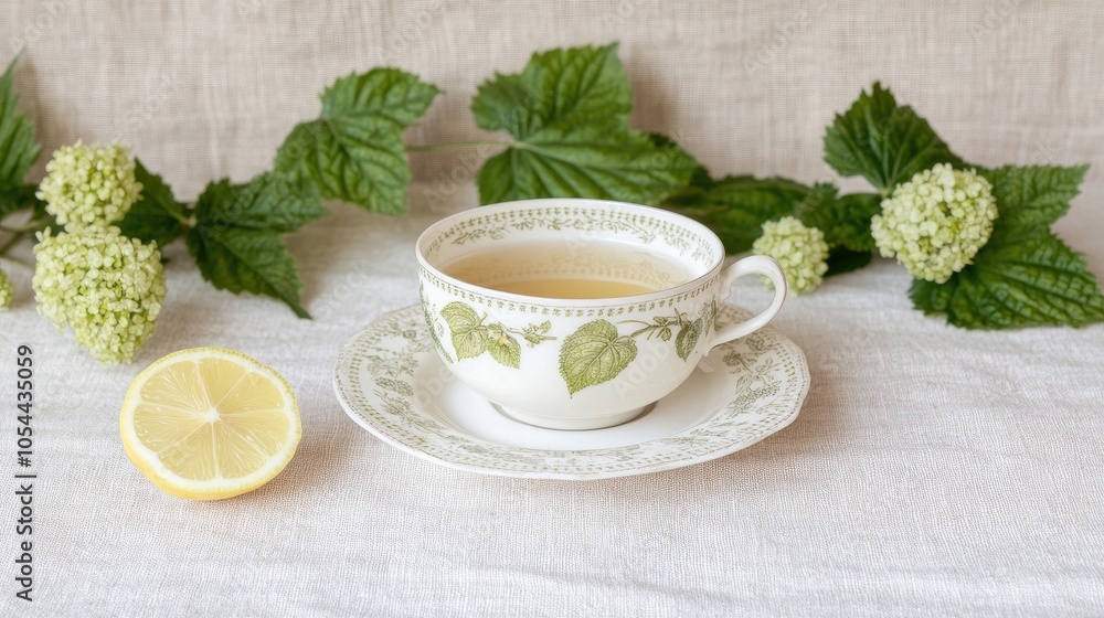 Relaxing herbal tea with lemon surrounded by fresh green leaves and delicate flowers on a serene white tablecloth Relaxing herbal tea with lemon surrounded by fresh green leaves and delicate flowers on a serene white tablecloth