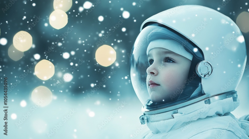 A young child gazes up at a snowy winter sky while wearing a space helmet in a quaint setting A young child gazes up at a snowy winter sky while wearing a space helmet in a quaint setting
