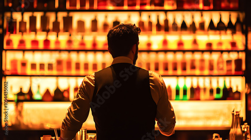 Bartender arranging bottles on a backlit shelf, preparing for a busy evening, bar setup, bartender organization photo