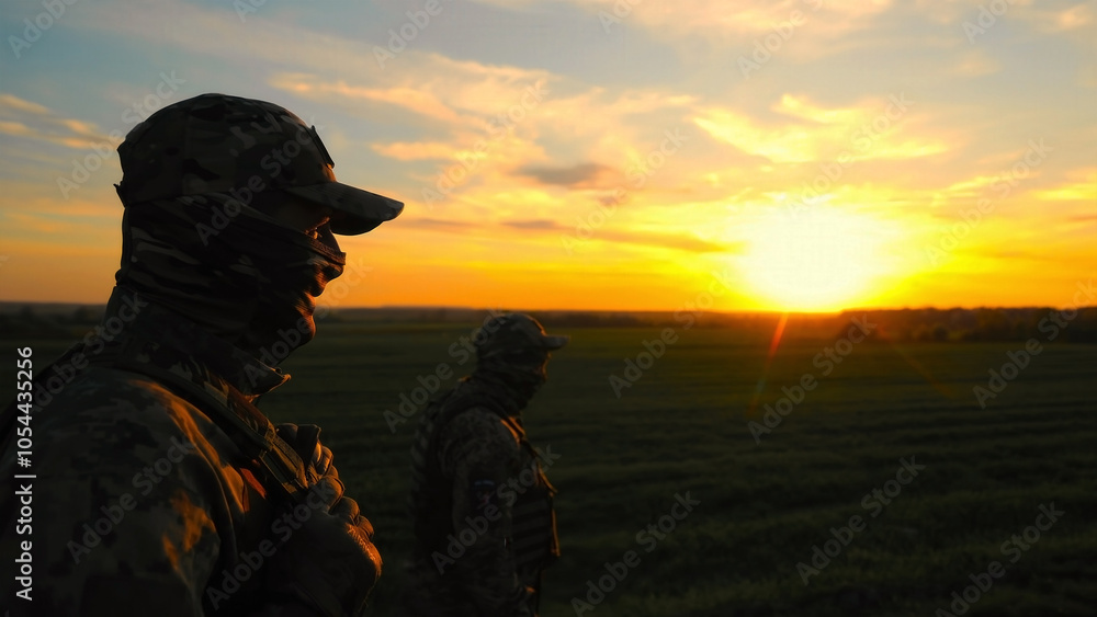 Silhouetted soldiers at sunset on an open field. Two soldiers in camouflage attire are silhouetted against a stunning sunset, casting a warm glow over an expansive open field. Silhouetted soldiers at sunset on an open field. Two soldiers in camouflage attire are silhouetted against a stunning sunset, casting a warm glow over an expansive open field.