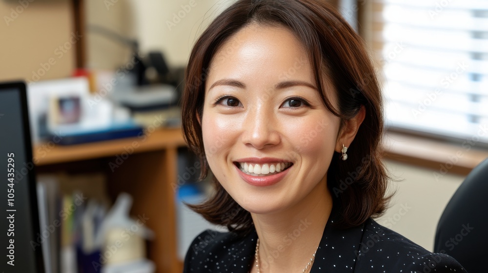 オフィスで笑顔を見せるプロの日本人金融アナリスト オフィスで笑顔を見せるプロの日本人金融アナリスト