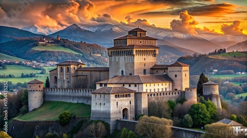 Majestic Castle Sunset Over Rolling Hills