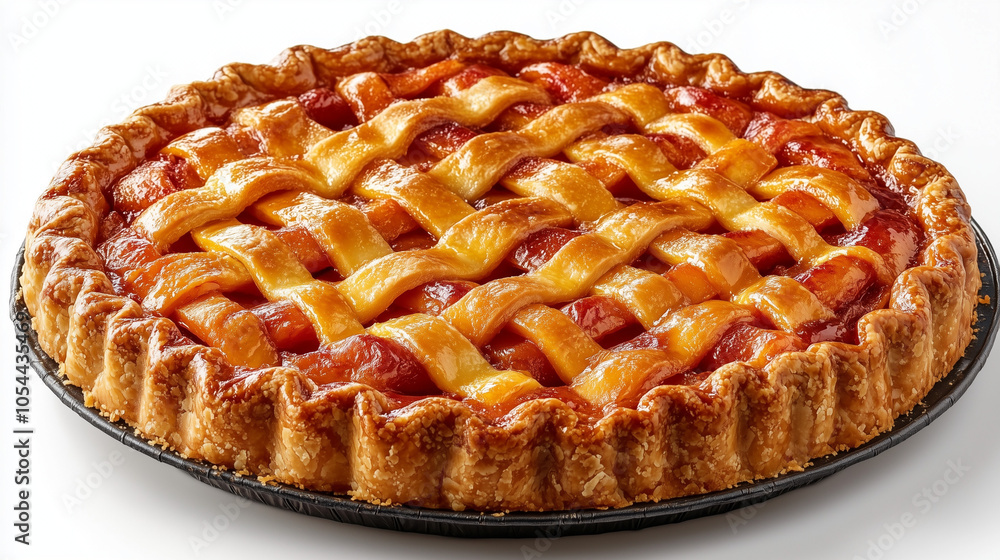 Classic peach pie dessert with a woven crust on a white background Classic peach pie dessert with a woven crust on a white background