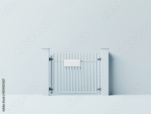 White wooden gate with a sign on a minimalistic background.