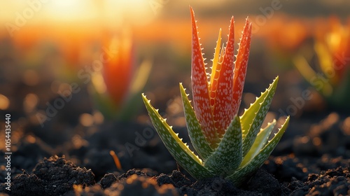 Close-up of a vibrant green aloe vera plant with red tips, growing in rich soil.  The sun casts a warm glow on the scene.