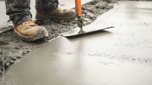 Construction worker smoothing wet concrete with a trowel, foundation work in progress, concrete work, construction skills © BURINKUL