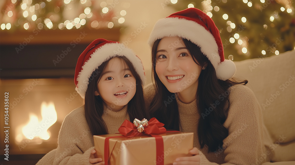 クリスマスプレゼントを共有する母娘 クリスマスプレゼントを共有する母娘