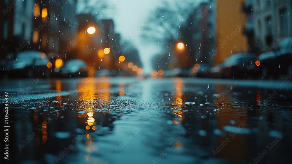 Rain droplets collect on a dark surface reflecting soft lights in a tranquil outdoor setting Rain droplets collect on a dark surface reflecting soft lights in a tranquil outdoor setting