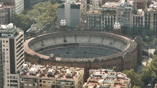 sunny day barcelona cityscape central famous stadium exterior aerial panorama 4k spain