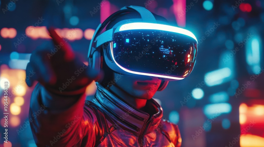 Person using VR headset in a neon-lit futuristic environment. Person using VR headset in a neon-lit futuristic environment.