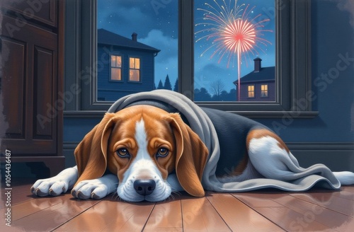 The Beagle dog is very afraid of fireworks. He is shaking with fear and crying. Please don't throw firecrackers