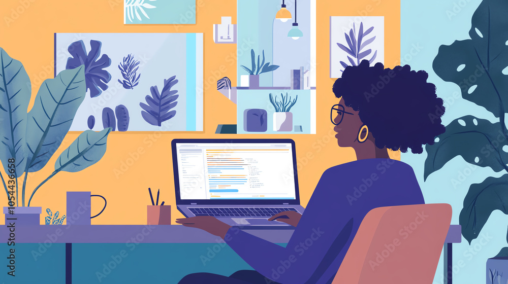 Fototapeta premium Person attending a virtual meeting on a laptop, home environment in the background, remote collaboration, virtual meeting