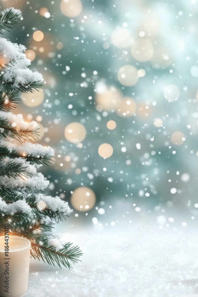 Snow gently falls on a frosted evergreen tree during a winter day, creating a tranquil atmosphere Snow gently falls on a frosted evergreen tree during a winter day, creating a tranquil atmosphere