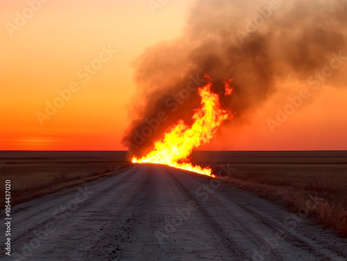 Dramatic Sunset Landscape with Flames and Smoke Over Rural Road at Golden Hour