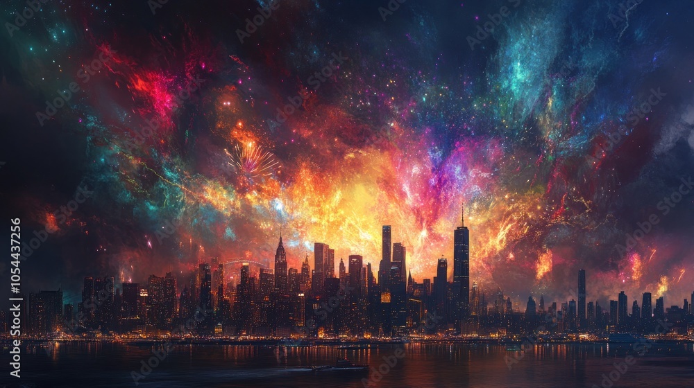 A futuristic cityscape with a vibrant, colorful, and cosmic sky above it. A futuristic cityscape with a vibrant, colorful, and cosmic sky above it.