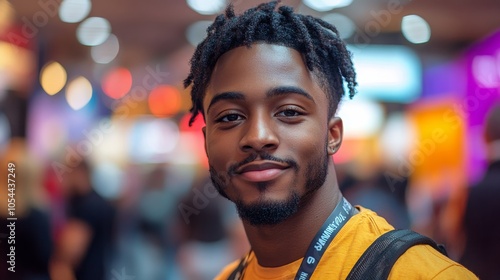 Young Black entrepreneur proudly smiles at a business event while networking with peers