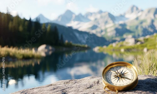 A compass rests on a rock by a serene lake, surrounded by mountains and nature's beauty.